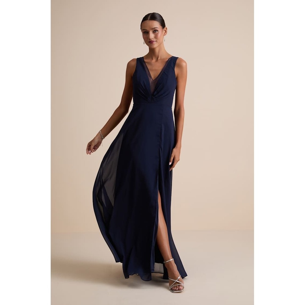 Lulus Heavenly Hues Navy Blue Maxi Dress Sheer V-Neck Pleated Chiffon Gown M NWT